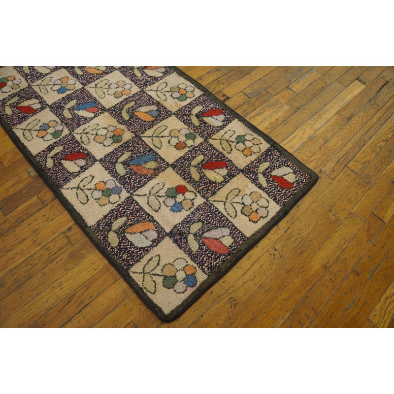 American Hooked 1930s Small Scatter Size Antique Multicolor Wool Rug