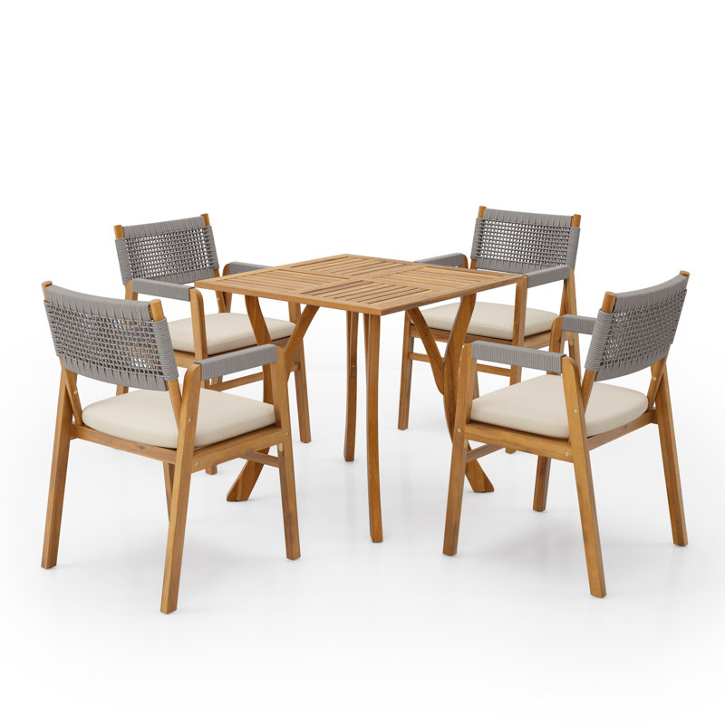 Ensemble bistro d'extérieur en acacia rustique avec coussins 5 pièces, Brun / Gris