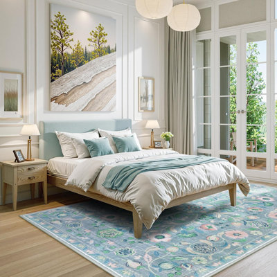  Floral Washable Area Rug Non-Slip Stain Resistant Low-Pile Boho Large Indoor Throw Carpet