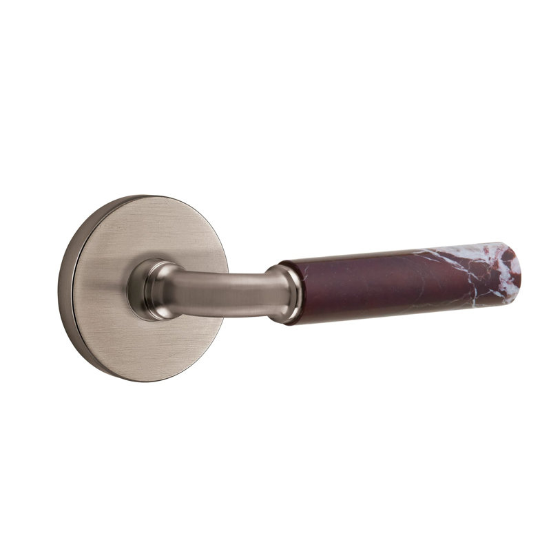 Ensemble de leviers de passage Emtek Select avec rosette à disque et tige R-Bar, levier en marbre Rosso Levanto (CF), Étain