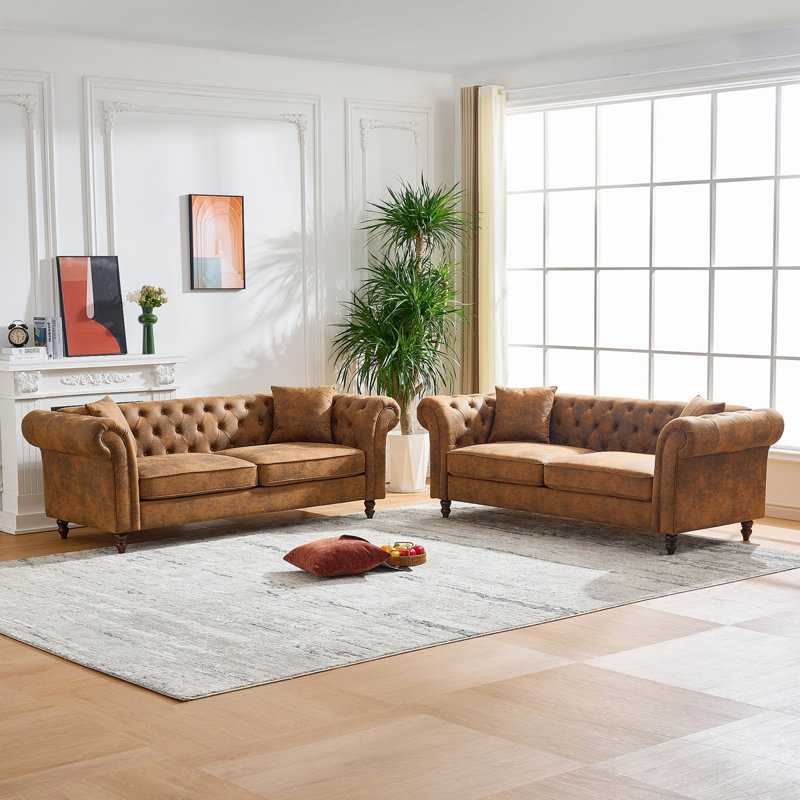 Ensemble de canapés 3 + 3 places Chesterfield FabricTech: canapé en tissu, accoudoirs roulés en tissu High-Tech, canapé rembourré de style Mid-Century, canapé 3 places + 3 sièges Combo