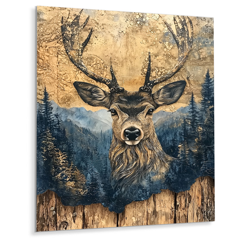 Portrait de cerf avec paysage à l'encre de chine - reproduction d'art moderne en métal, art mural en métal cerf