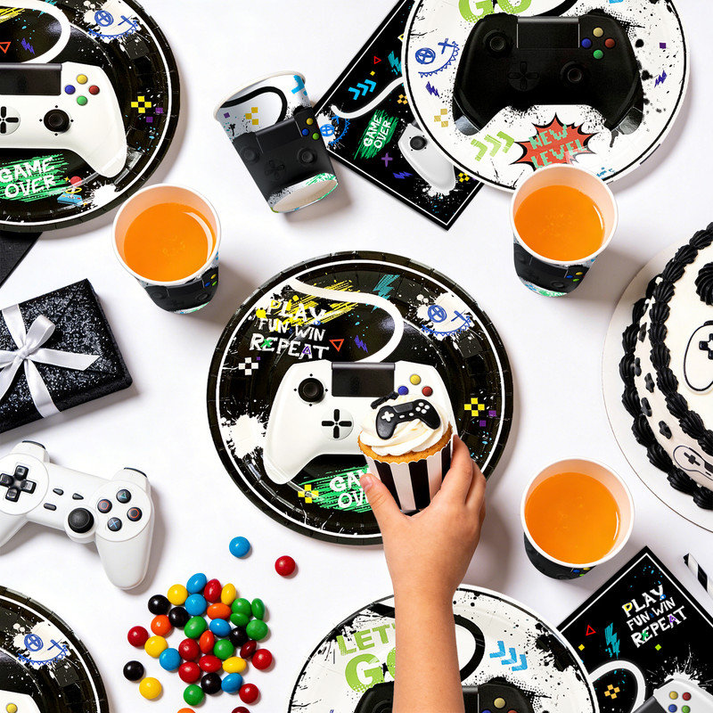 Jeu de décorations d'anniversaire de jeu, 159 pièces de décorations de jeu et de vaisselle