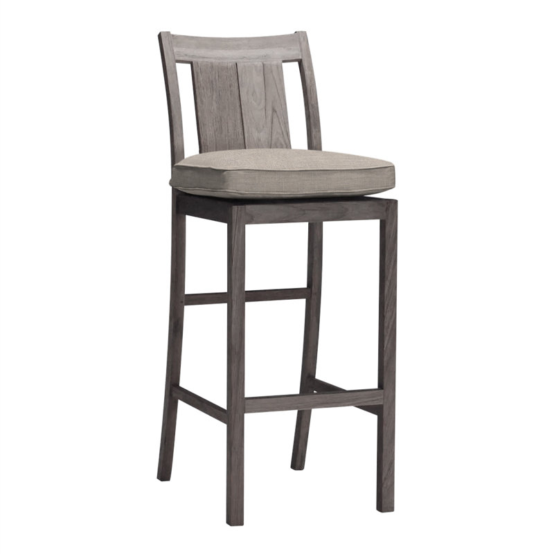 Croquet 24.5" Patio Bar Stool with Cushion, Dove Sunbrella® Linen, No Welt, Oyster Teak