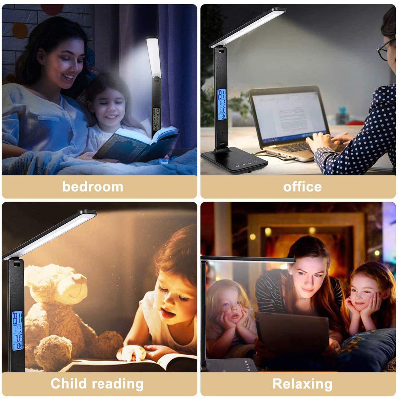 LED Desk Lamp, Desk Lamp With Wireless Charger, Office Dimmable Desk Lamp, With USB Charging Port, Built-In Clock, Calendar, Thermometer And Automatic Timing Reading Desk Lamp