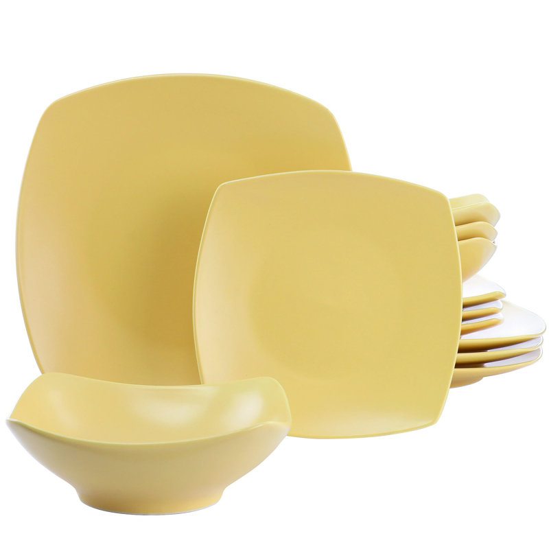 Service de table carré en céramique 12 pièces, assiettes et bols en céramique fine, vaisselle allant au micro-ondes et au lave-vaisselle pour un usage quotidien