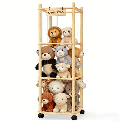 Natural Wood Stuffed Animal Storage Rack with Rolling Casters - 52.76" Tall Large Capacity Organizer for Kids Room