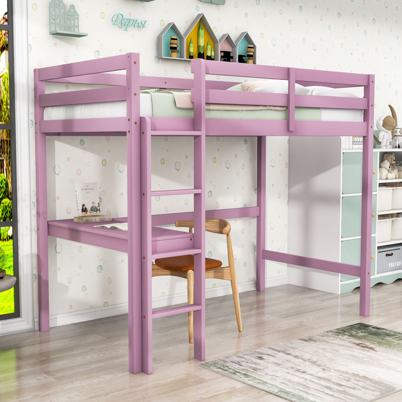 Twin Wood Loft Bed With Built-In Desk, Guardrail And Ladder, Pink