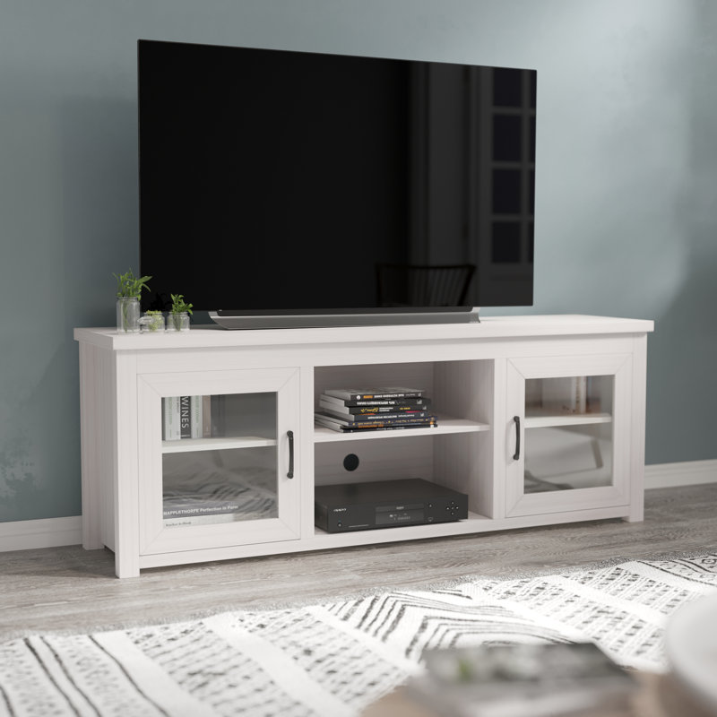 Modern White Wash 65" Engineered Wood TV Stand with Glass Doors