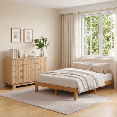 Lit plateforme en bois massif avec commode cannelée de 6/8/9 tiroirs en bois