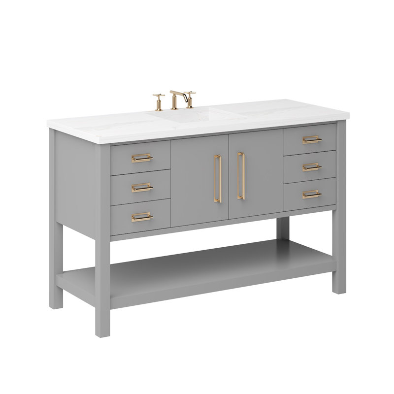 Meuble-lavabo simple très large Kiawah, Gris platine, Or satiné, 54"