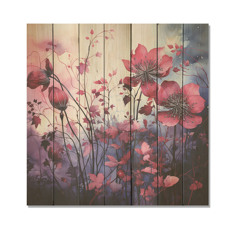 «Blue and Pink Twilight Poppies Glowing Meadow II» - coquelicots sur bois, H 36 po x l 36 po