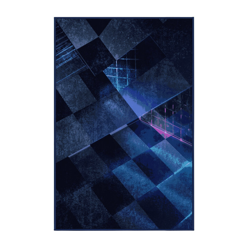Tapis damier rétro bleu lavable à la machine Paulett, 5 X 8