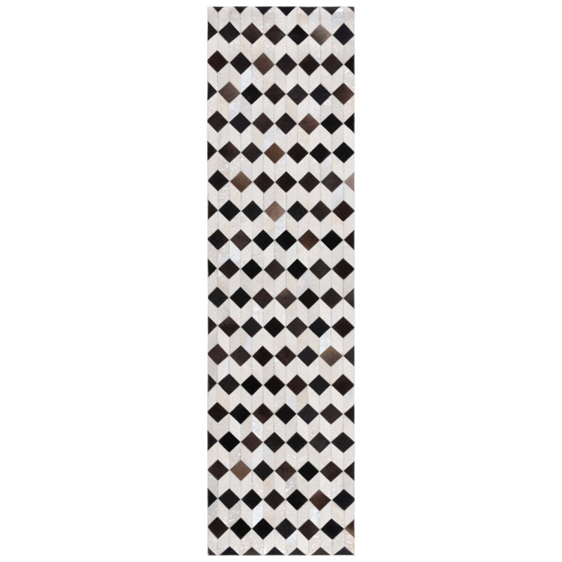 Studio Leather Hand Woven Wool/Leather/Non Woven Felt Geometric Rug in Beige/Black, Runner 2'3" x 9'
