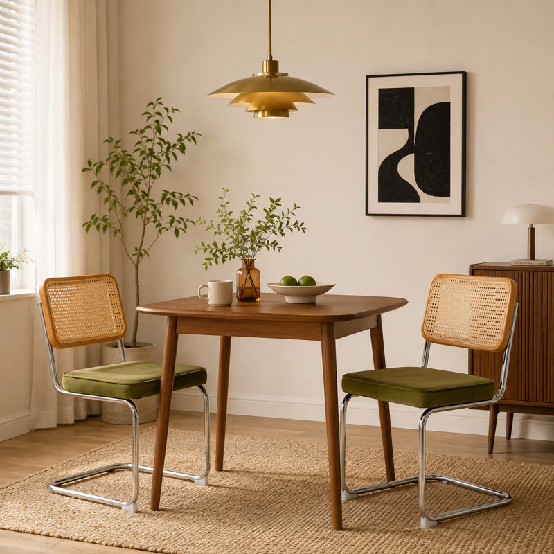 19.3" H Modern Rattan Dinning Chairs,Velvet Dining Chairs with Metal Frame (Set of 2), Green, Silver