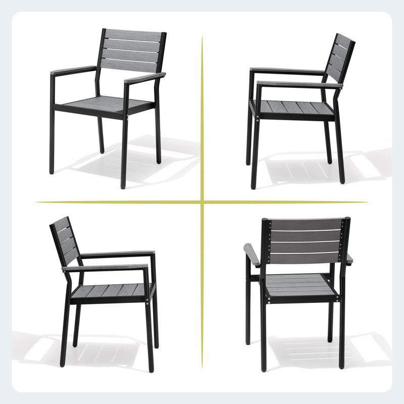 Gray Aluminum and Wood Outdoor Dining Armchairs Set