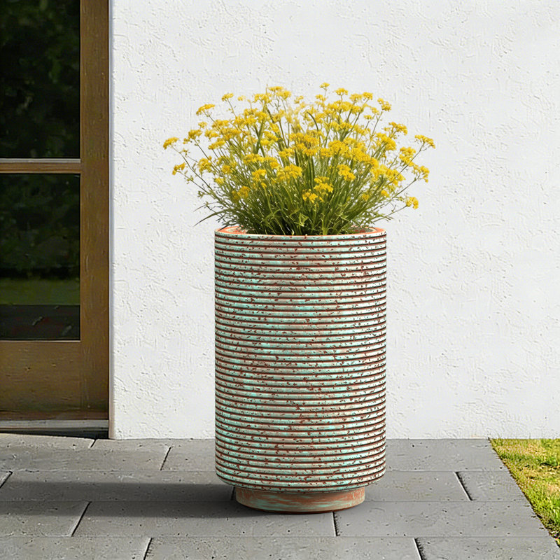 Grande jardinière / pot cylindrique ronde en béton de 16 po H bleu sarcelle (intérieur amélioré) avec trous de drainage pour l'intérieur et l'extérieur
