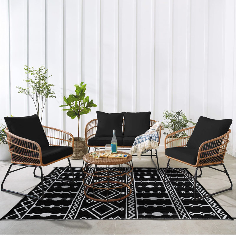 Outdoor Area Rug 9' x 18' Reversible Woven Plastic, Water-Resistant Quick-Dry Foldable Design with Stakes, for Patio, Camping, RV or Beach Use