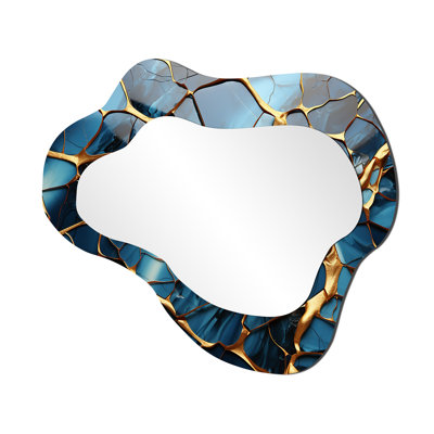 Or et bleu marbre mosaïque agate I - miroir mural unique nuage abstrait, miroir asymétrique moderne, art imprimé en métal