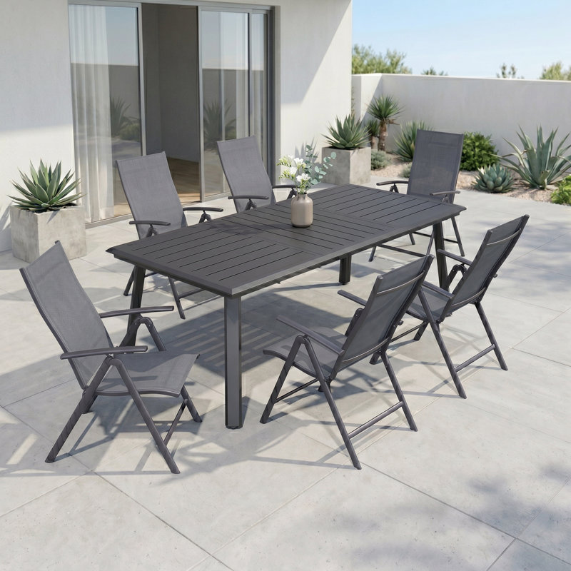 6 - Person Outdoor Dining Set with Adjustable Folding Chairs and Umbrella Hole, Black/Gray