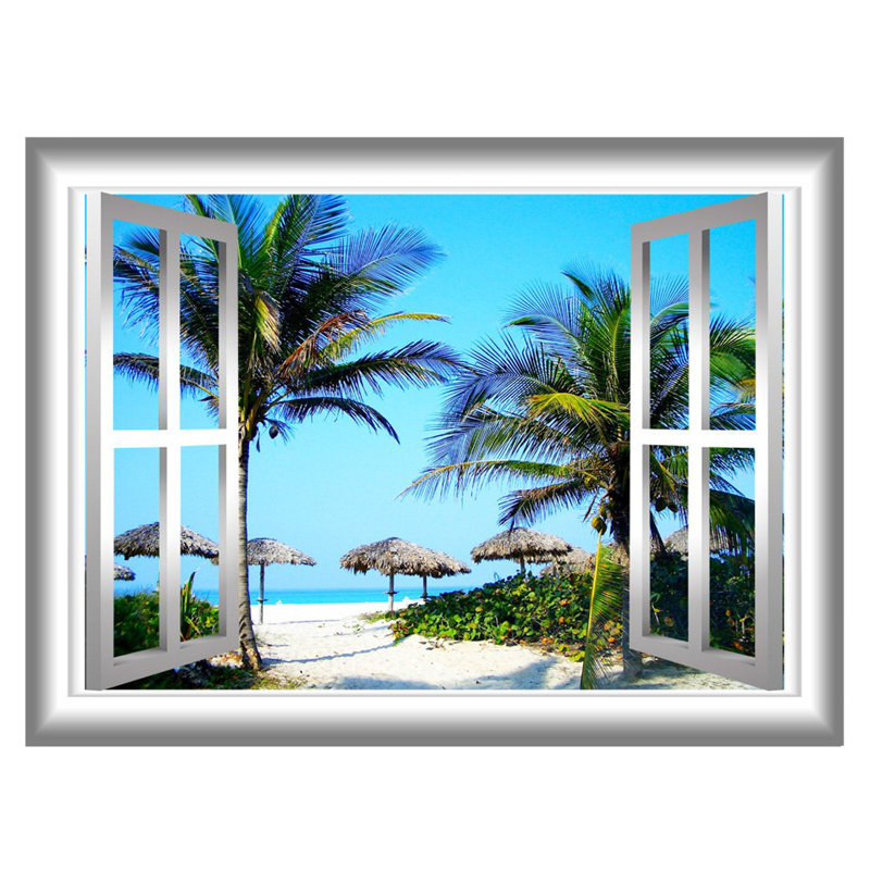 Adhésif décoratif amovible à peler et coller fenêtre avec vue sur plage tropicale, H 36 po x l 46 po x p 0,01 po