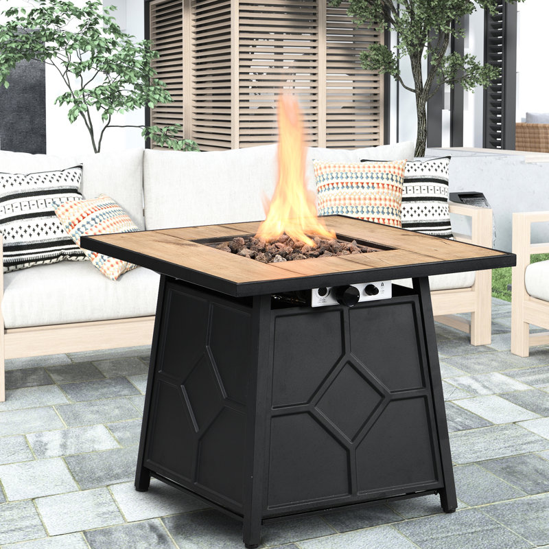 28 - Inch Square 40,000 Propane Gas Fire Pit Table With Unique Design, Brown, + Iron, Tile Desktop For Outdoor Ambiance Auto Ignition Propane, Frame Use