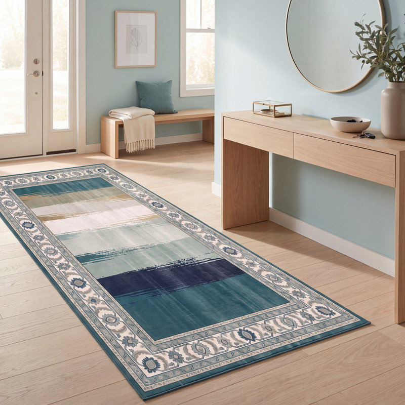 Tapis Devereux moderne à rayures effet pinceau bleu sarcelle et blanc, lavable à la machine, antidérapant, à poils courts, pour l'intérieur et l'extérieur, adapté aux animaux domestiques, idéal pour le salon, la chambre, la salle à manger, l'entrée, le couloir ou le bureau.