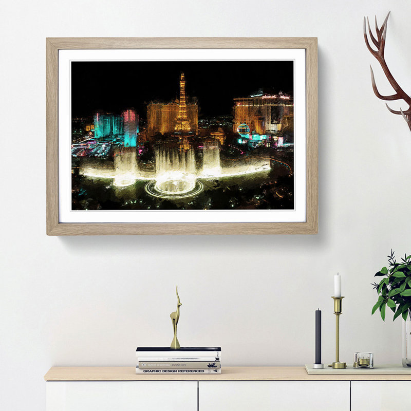 The Bellagio Hotel in Las Vegas Nevada - Picture Frame Painting Print, 50cm H x 76cm W x 2cm D, Oak