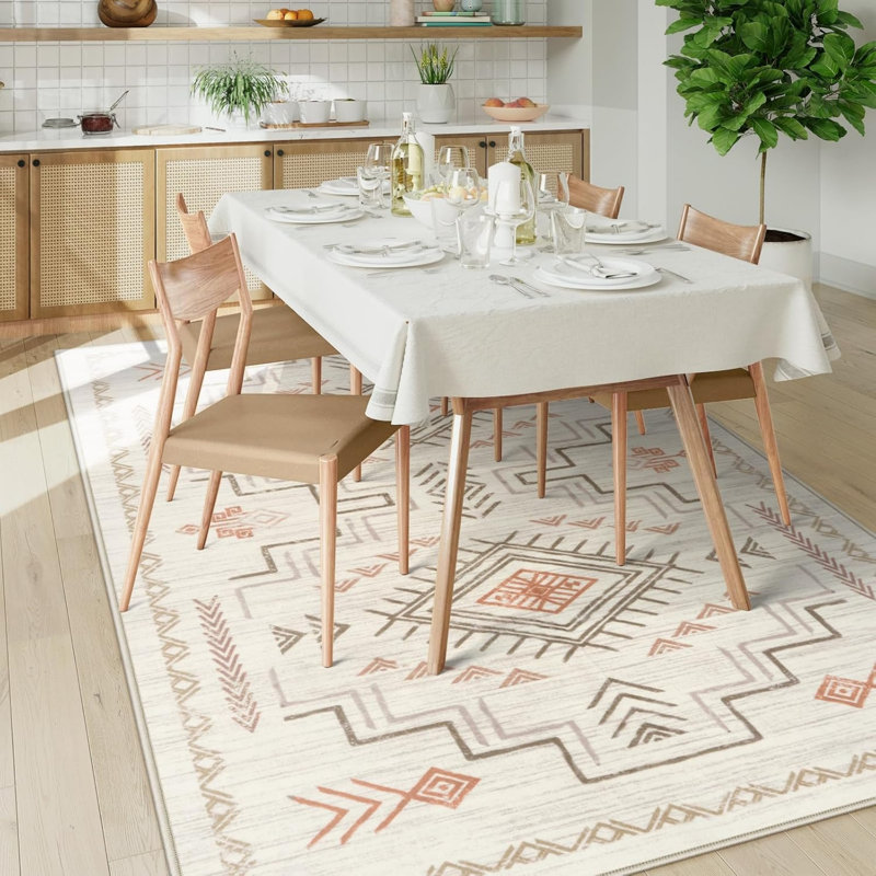 Tapis de style bohémien beige en terre cuite tribal pour cuisine de salon 5 pi x 7 pi