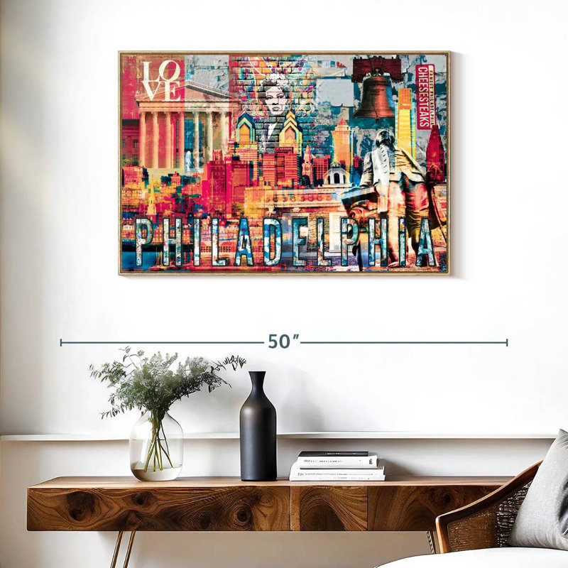 Monuments de Philadelphie, grunge, Cadre flottant en bois naturel, 37 po x 25 po