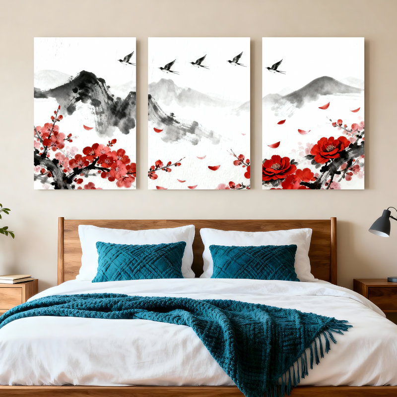 Encre de Chine fleur de prunier et oiseaux, reproduction d'art sur toile, ensemble de 3 peintures traditionnelles