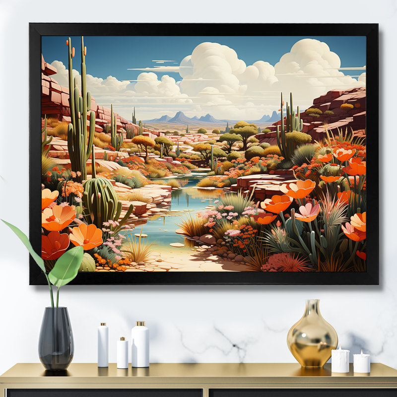 «Native Desert Oasis Blooms I» - art mural désert, Cadre d'angle fermé noir, H 12 po x l 20 po x P 1 po