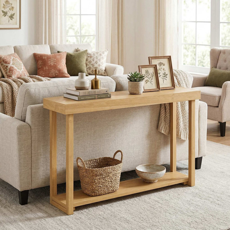 46" Solid Wood 2-Tier Narrow Farmhouse Sofa Console Table, Scratch-Resistant Waterproof Tabletop & Open Storage Shelf, Anti-Tip Design Suitable For Entryway