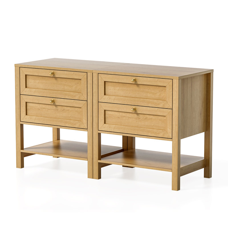 2-Drawer Wooden Nightstand With Shelf, Oak, Set of 2