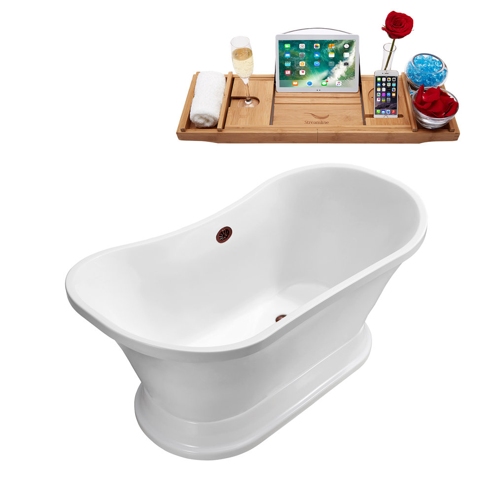 68" Streamline Freestanding Soaking Acrylic Bathtub With Drain and Bamboo Tray Streamline Bath Drain 