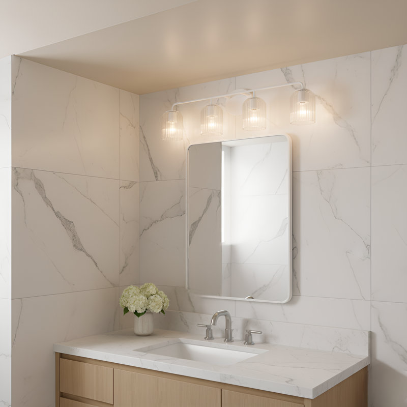 Grand meuble-lavabo Eisele de Génération Éclairage , Blanc mat, H 8,75 po x l 33,75 po x P 6 po, Quatre lumières