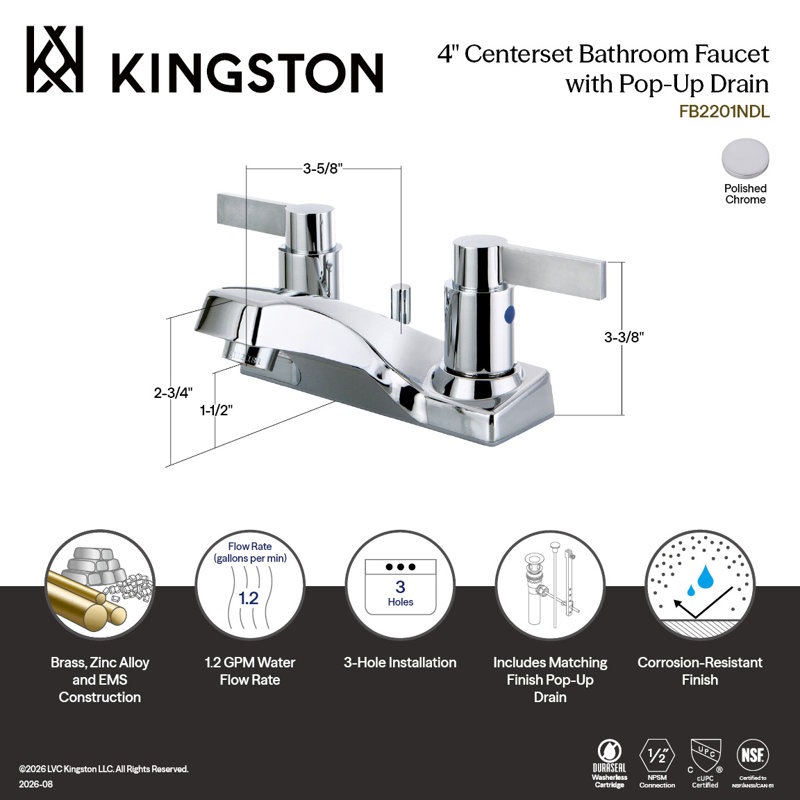 Robinet de salle de bain central à 4 poignées à 3 trous à fixation sur le comptoir à 3 trous Kingston