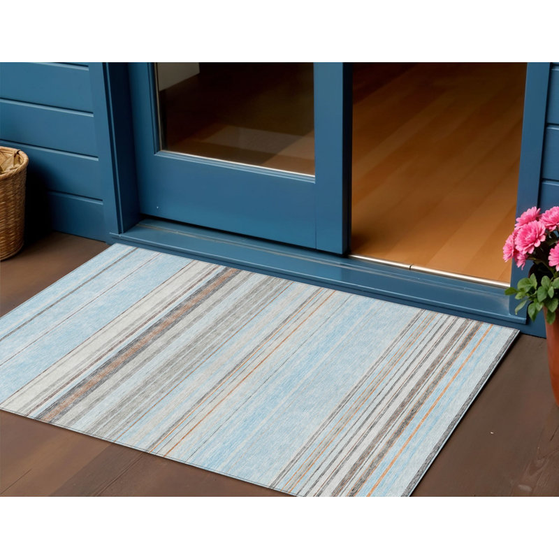 3' X 5' Sky Blue Gray Striped Washable Indoor Outdoor Area Rug