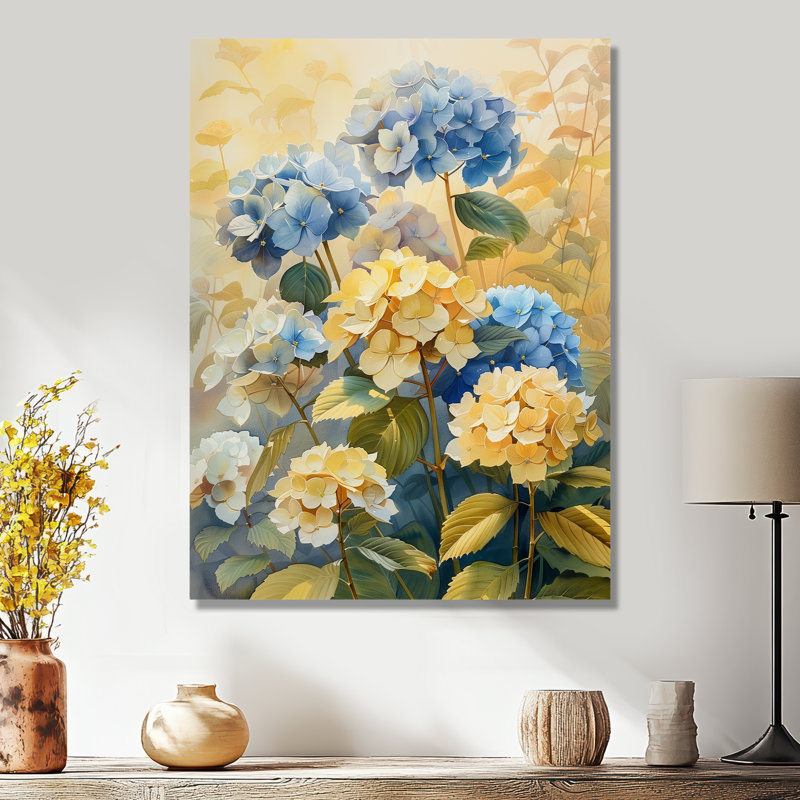 Impression d'art mural bleu et jaune, Sans cadre, métal, H 24 po x l 32 po