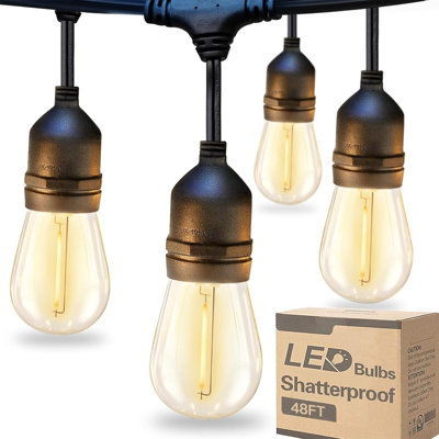 LED Outdoor String Lights 48FT with Edison Vintage Shatterproof Bulbs