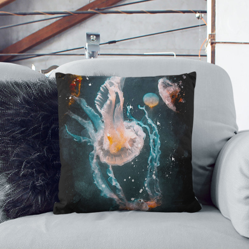 Peach Jellyfish Paint Splash Cushion with Filling, 40cm H x 40cm W x 15cm D, Stone