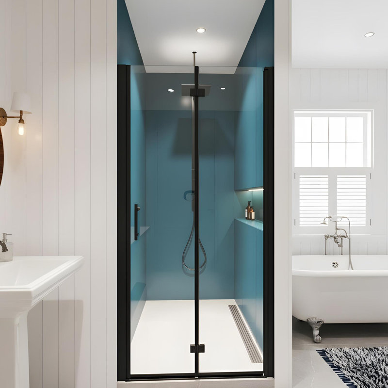 34"x72"Universal Pivot Tempered Glass Shower Door, Matte Black