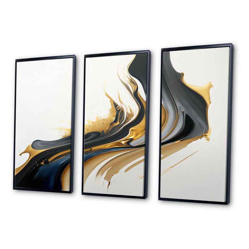 Noir, blanc et or liquide Art II - ensemble d'art mural moderne sur toile, Cadre noir, H 28 po x l 36 po x P 1 po