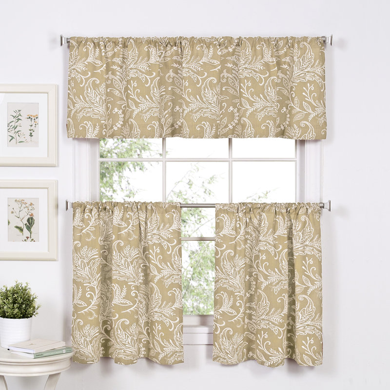 Flora Cotton Damask Tailored Cafe Curtain, 24" H x 30" W, Linen