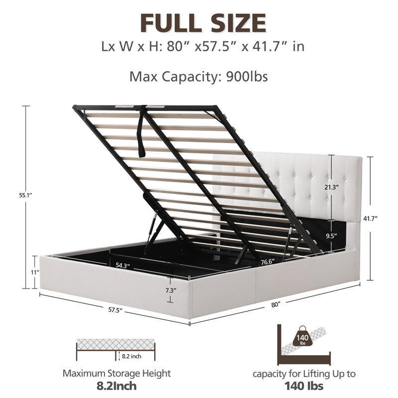 Lit plateforme tapissier avec rangement Arcadia, Double, Blanc
