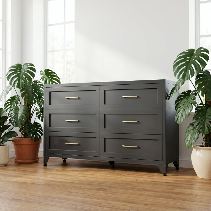 6-Drawer Metal-Frame Chest Of Drawers, Black Bedroom Wardrobe, Suitable For Walk-In Closets, Hallways, And Entryways