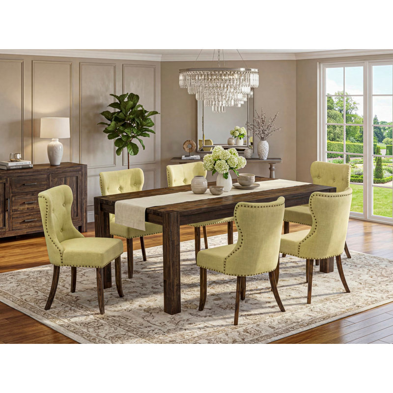 7 Piece Dining Table Set Consist of a Rectangle Rustic Wood Dining Room Table and 6 Limelight Linen Fabric Upholstered Chairs, Distressed Jacobean