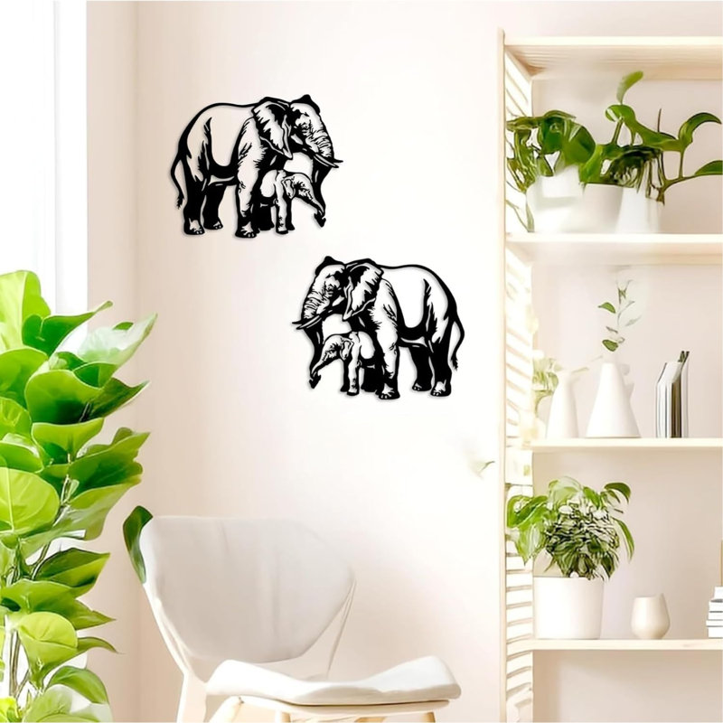Décoration murale éléphant en métal mère veau