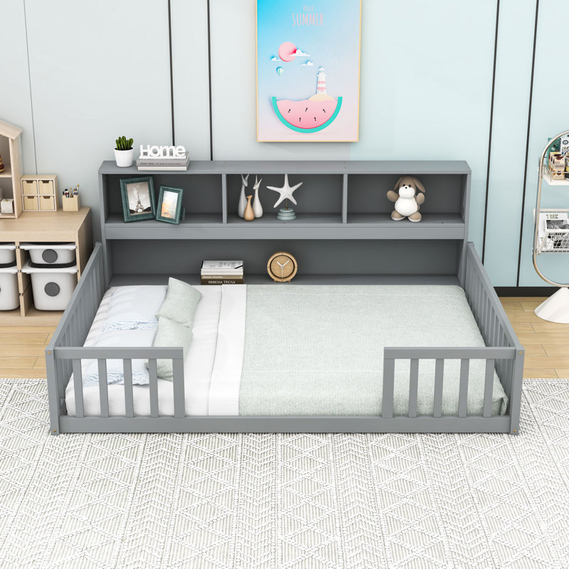 Floor bed with side bookcase and shelves, gris, Double