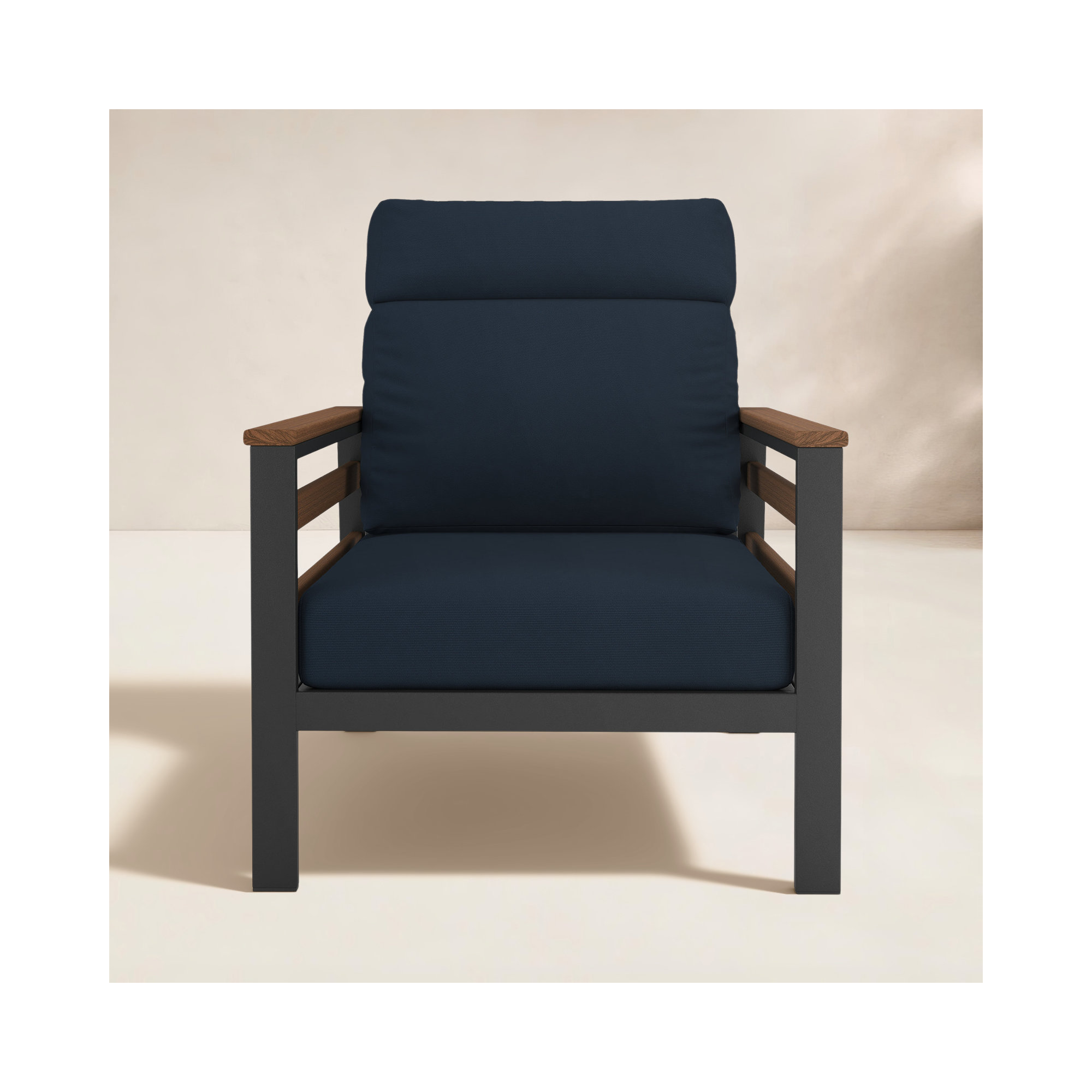 Townsend Metal Outdoor Lounge Club Chair With Sunbrella Cushion, Brown, Canvas Navy